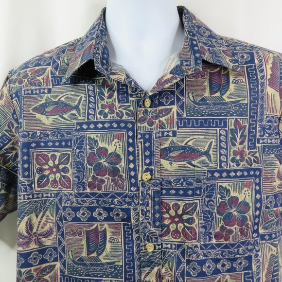 RJC Hawaiian Shirt Mens L Aloha Blue Fish Floral 100% Cotton Made in Hawaii - Picture 2 of 10